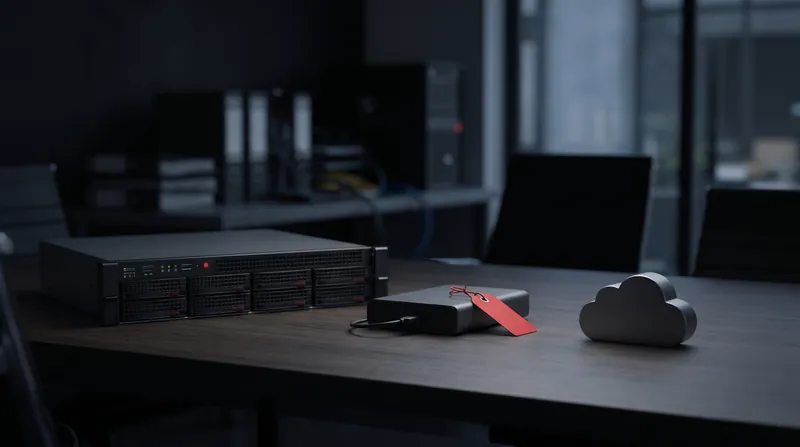 Un server, un disco esterno con un'etichetta rossa e un oggetto a forma di nuvola su un tavolo scuro: le copie di backup