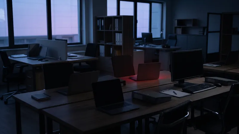 Un ufficio con diversi computer, uno dei quali isolato da un alone rosso come se fosse in quarantena