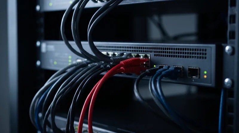 Un firewall di rete in un armadio rack con i cavi collegati, uno rosso in evidenza