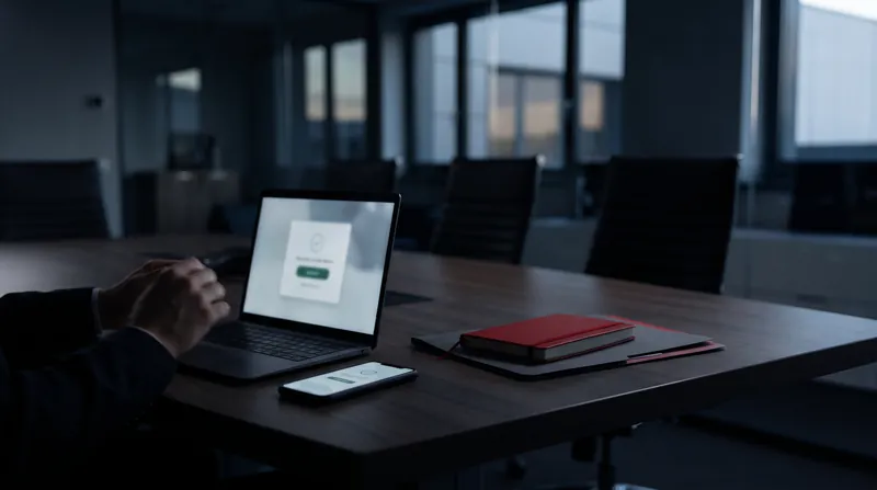 Una sala riunioni con un portatile e uno smartphone che mostrano una richiesta di approvazione dell'accesso