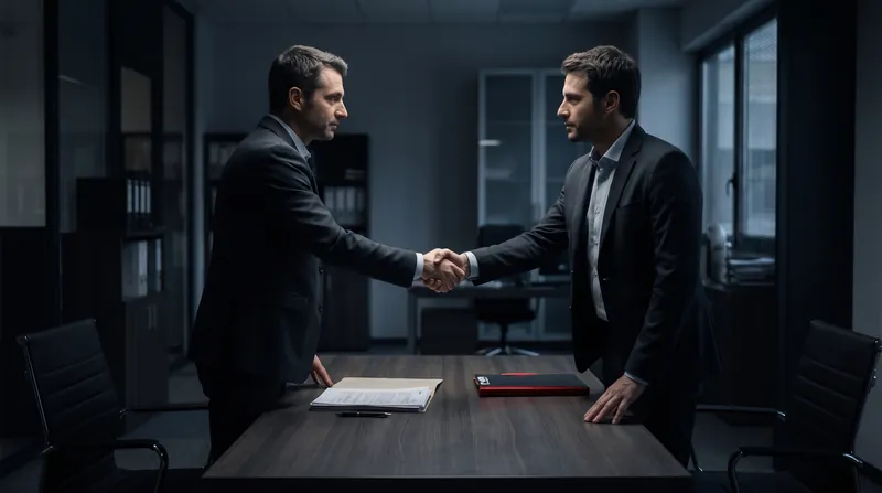 Due professionisti si stringono la mano davanti a un contratto di fornitura