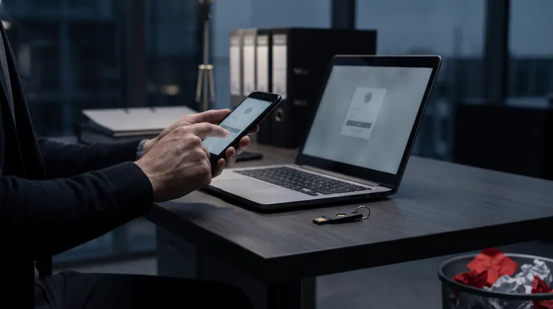 Una mano approva un accesso dallo smartphone accanto al portatile, con una chiave di sicurezza fisica sulla scrivania
