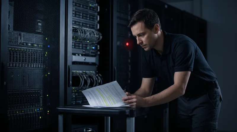 Un tecnico in sala server consulta un report di vulnerabilità con le voci evidenziate